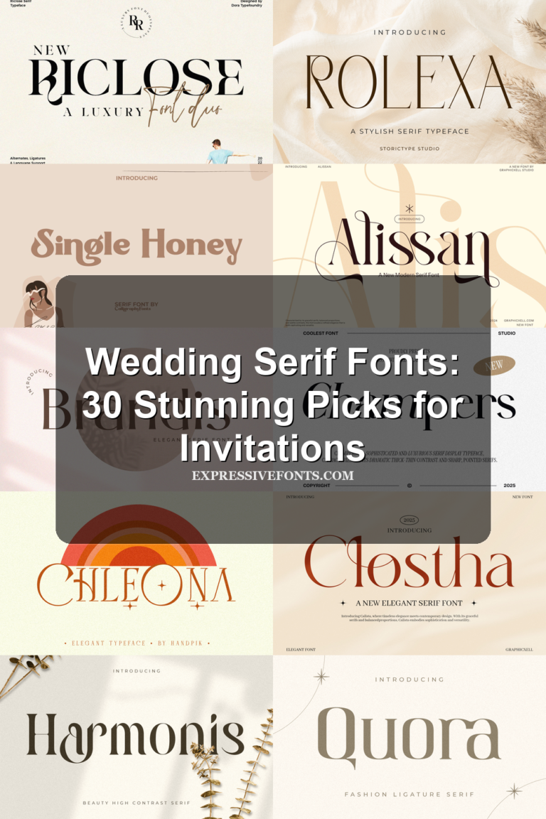 Cover image for Wedding Serif Fonts: 30 Stunning Picks for Invitations with previews of elegant serif wedding fonts from the article
