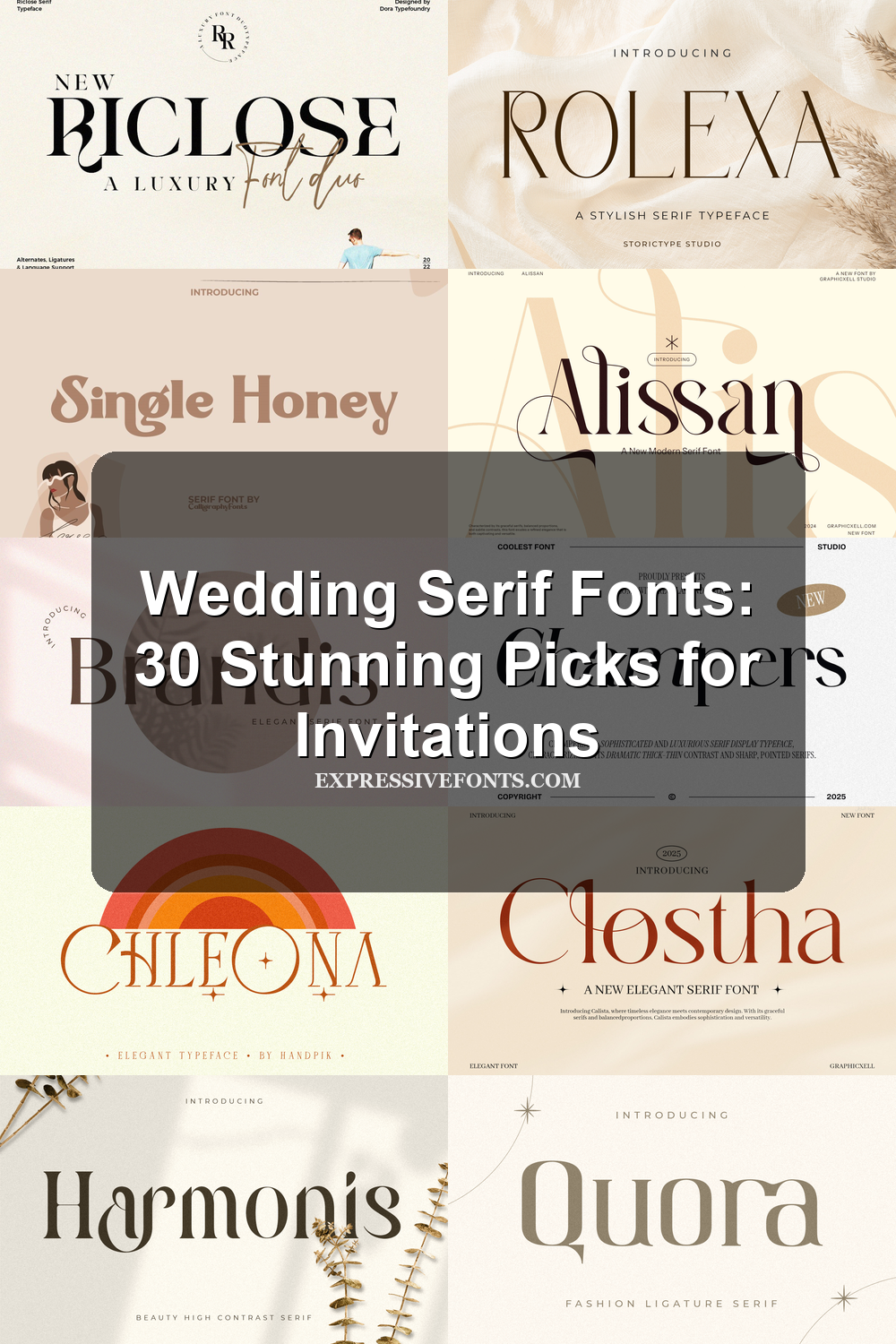 Cover image for Wedding Serif Fonts: 30 Stunning Picks for Invitations with previews of elegant serif wedding fonts from the article