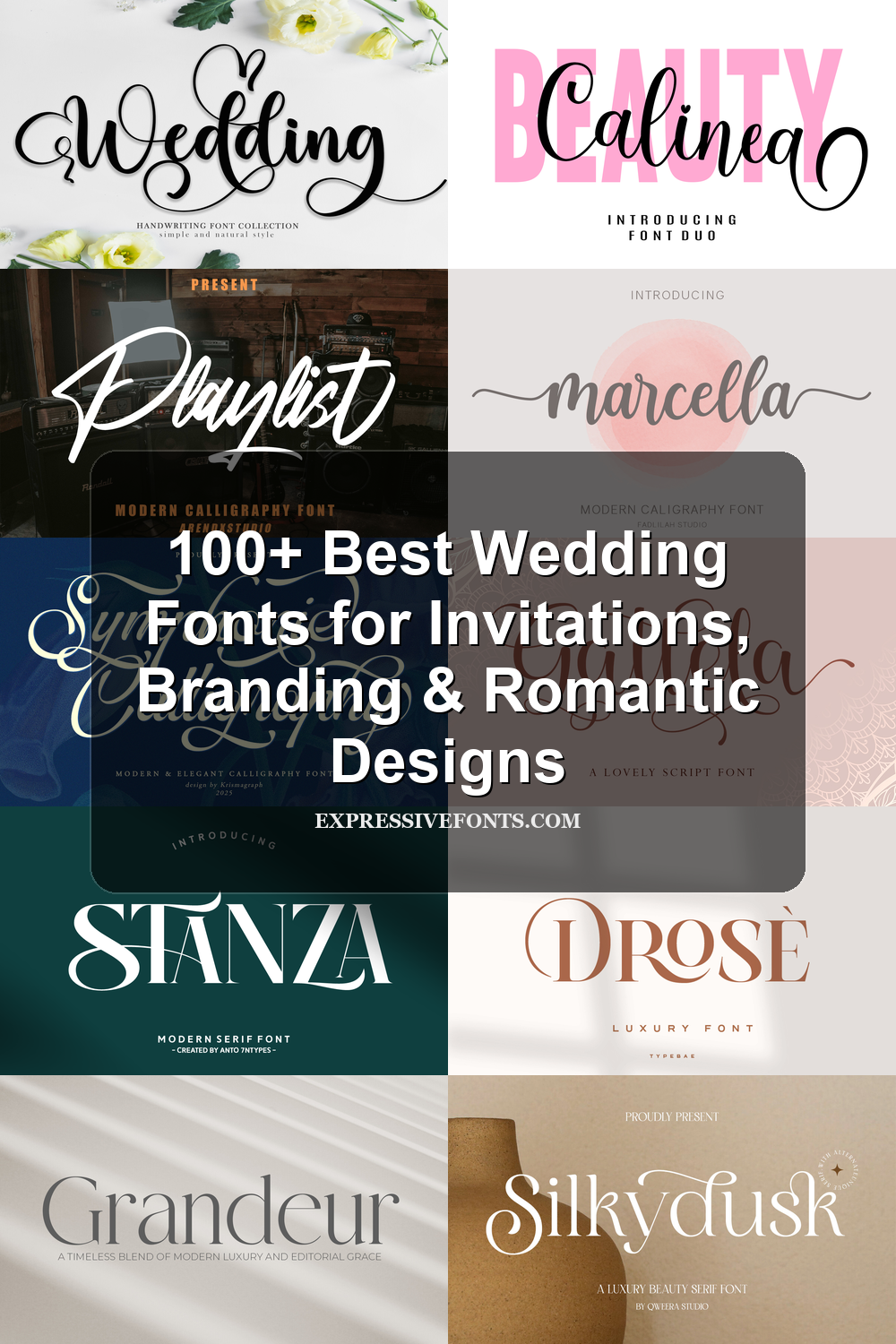 Wedding Fonts collection with elegant script, calligraphy, serif, and romantic font previews