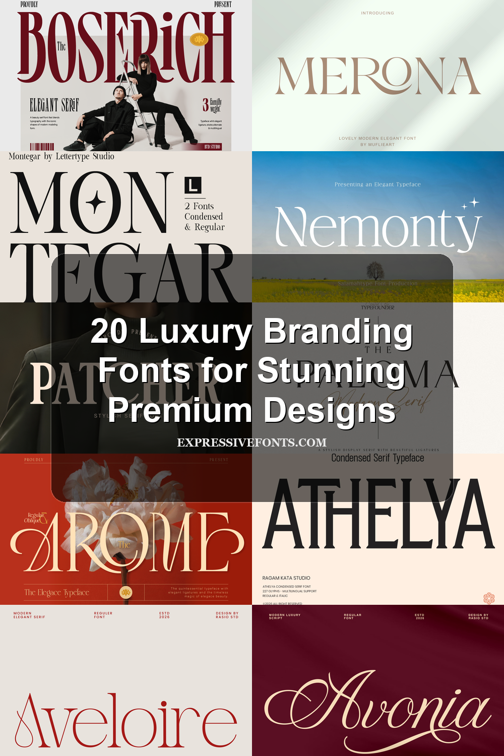 Preview collage of luxury font styles from 20 Luxury Branding Fonts for Stunning Premium Designs