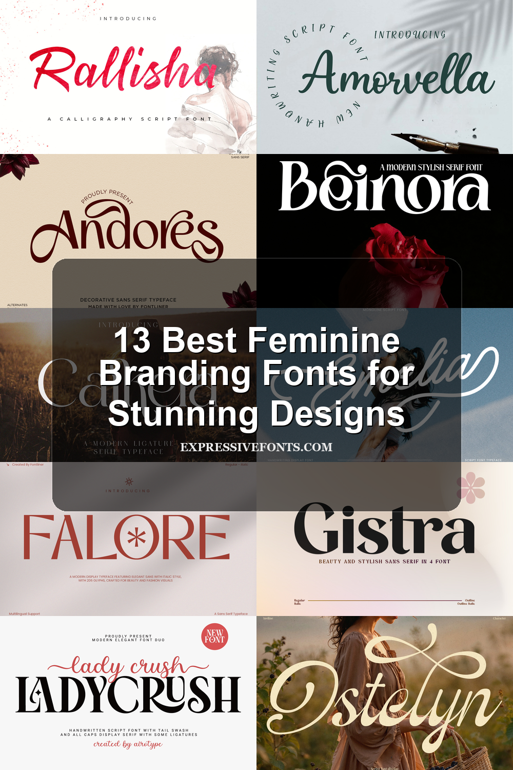 Cover image for 13 Best Feminine Branding Fonts for Stunning Designs, showing previews of elegant feminine fonts from the article