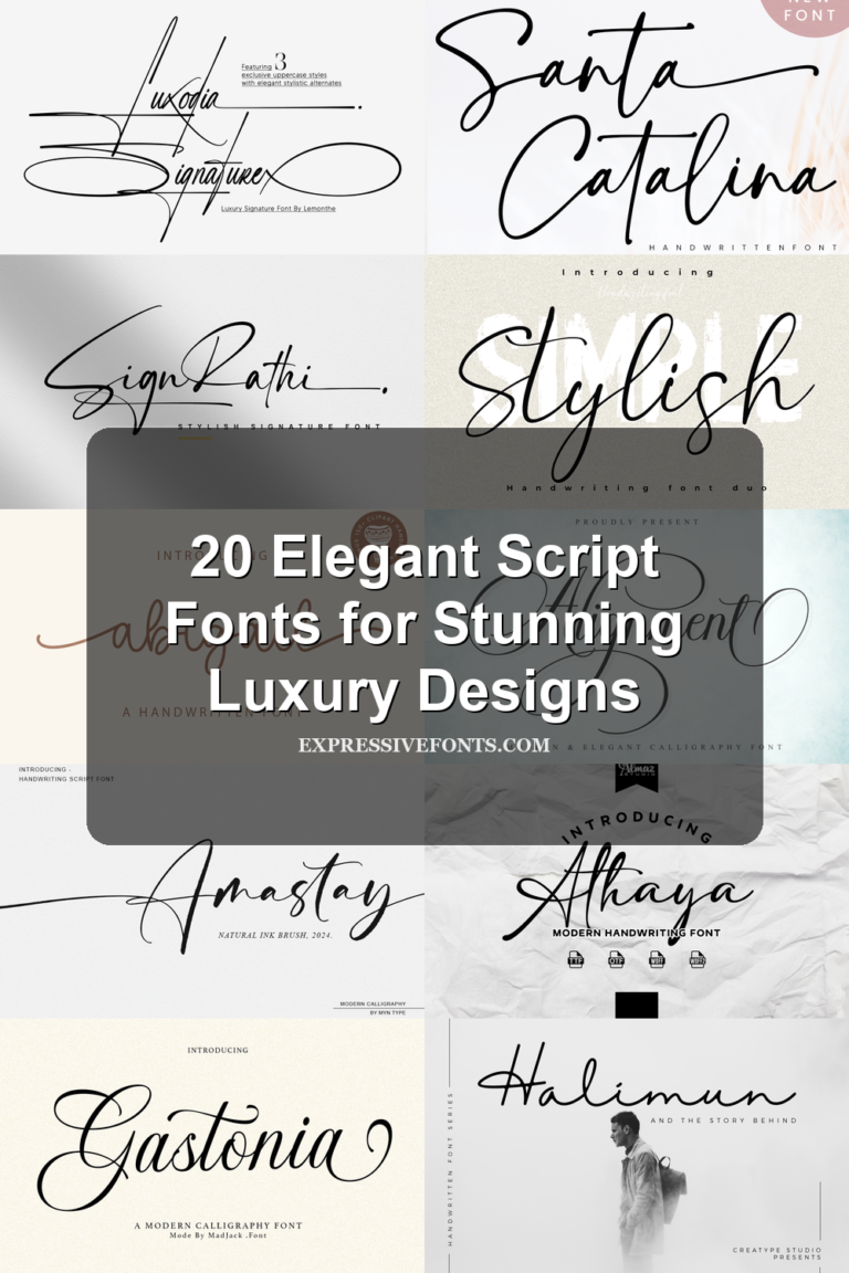 Font previews from 20 Elegant Script Fonts for Stunning Luxury Designs showing elegant script lettering styles for logos, invitations, and branding