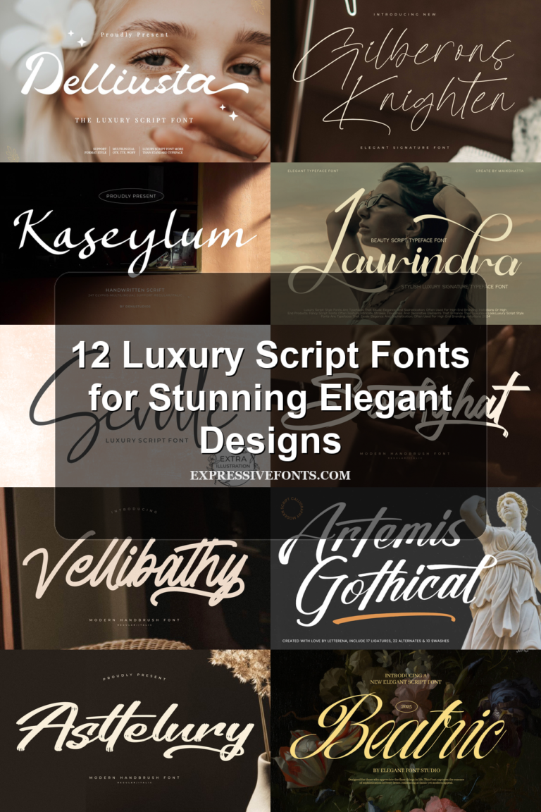 Cover image showing previews of luxury script fonts from the article 12 Luxury Script Fonts for Stunning Elegant Designs