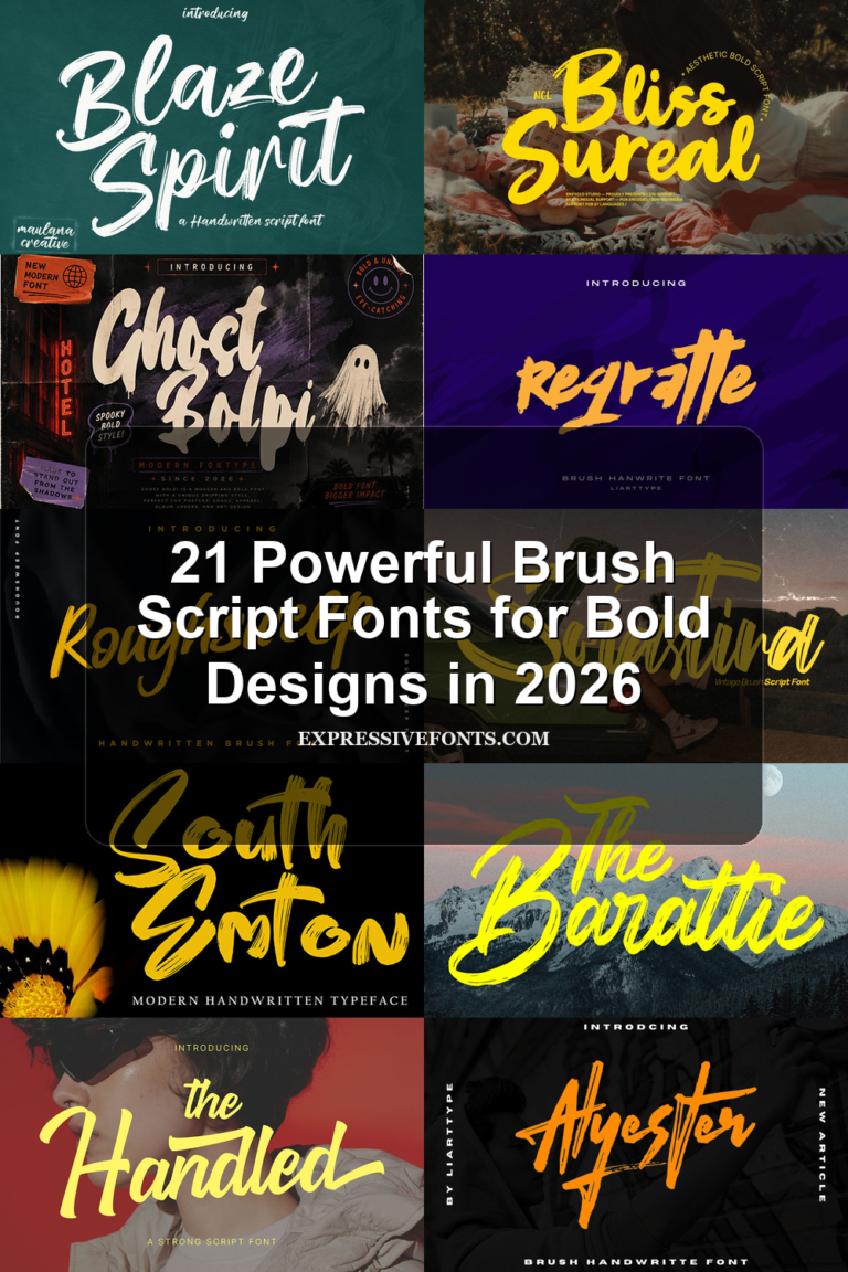 Preview collage of brush script font samples from 21 Powerful Brush Script Fonts for Bold Designs 2026