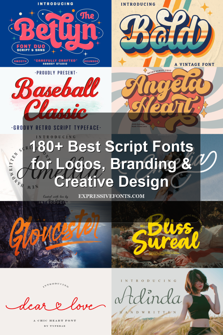 Script Fonts collection cover featuring elegant, modern, handwritten, brush, retro, and signature script font styles for branding and creative design