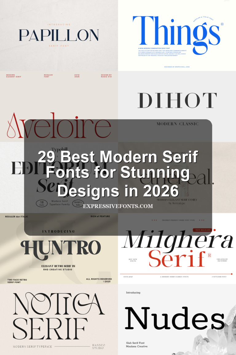 Cover image for 29 Best Modern Serif Fonts for Stunning Designs in 2026 with previews of serif fonts from the article