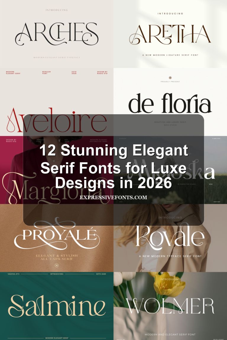 Cover image for 12 Stunning Elegant Serif Fonts for Luxe Designs in 2026 with previews of elegant serif fonts from the article.