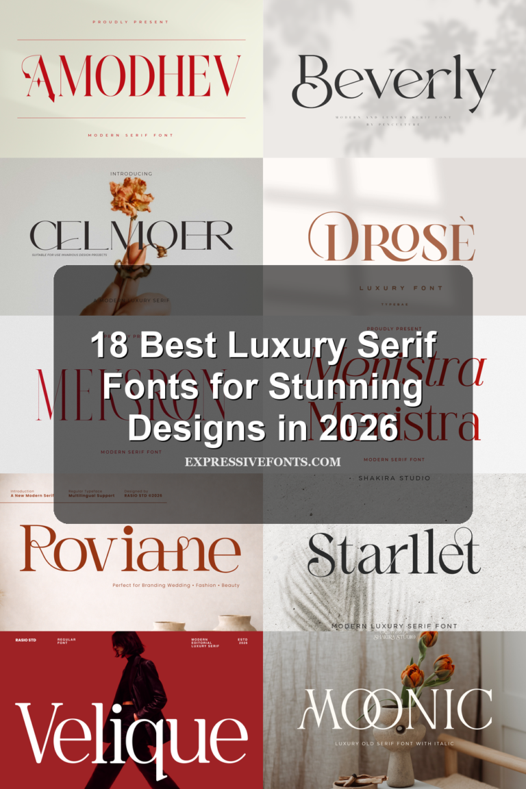 Cover image for 18 Luxury Serif Fonts for Stunning Designs in 2026, showing previews of refined serif fonts from the article.