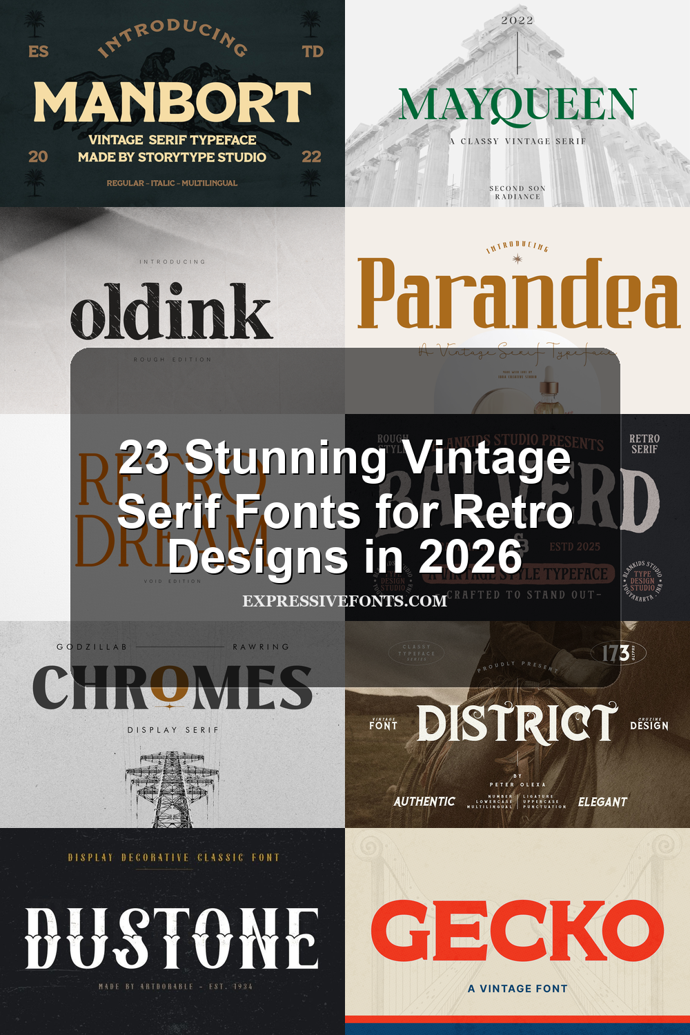 Cover image for 23 Stunning Vintage Serif Fonts for Retro Designs in 2026, showing font previews from the article in a vintage serif style.