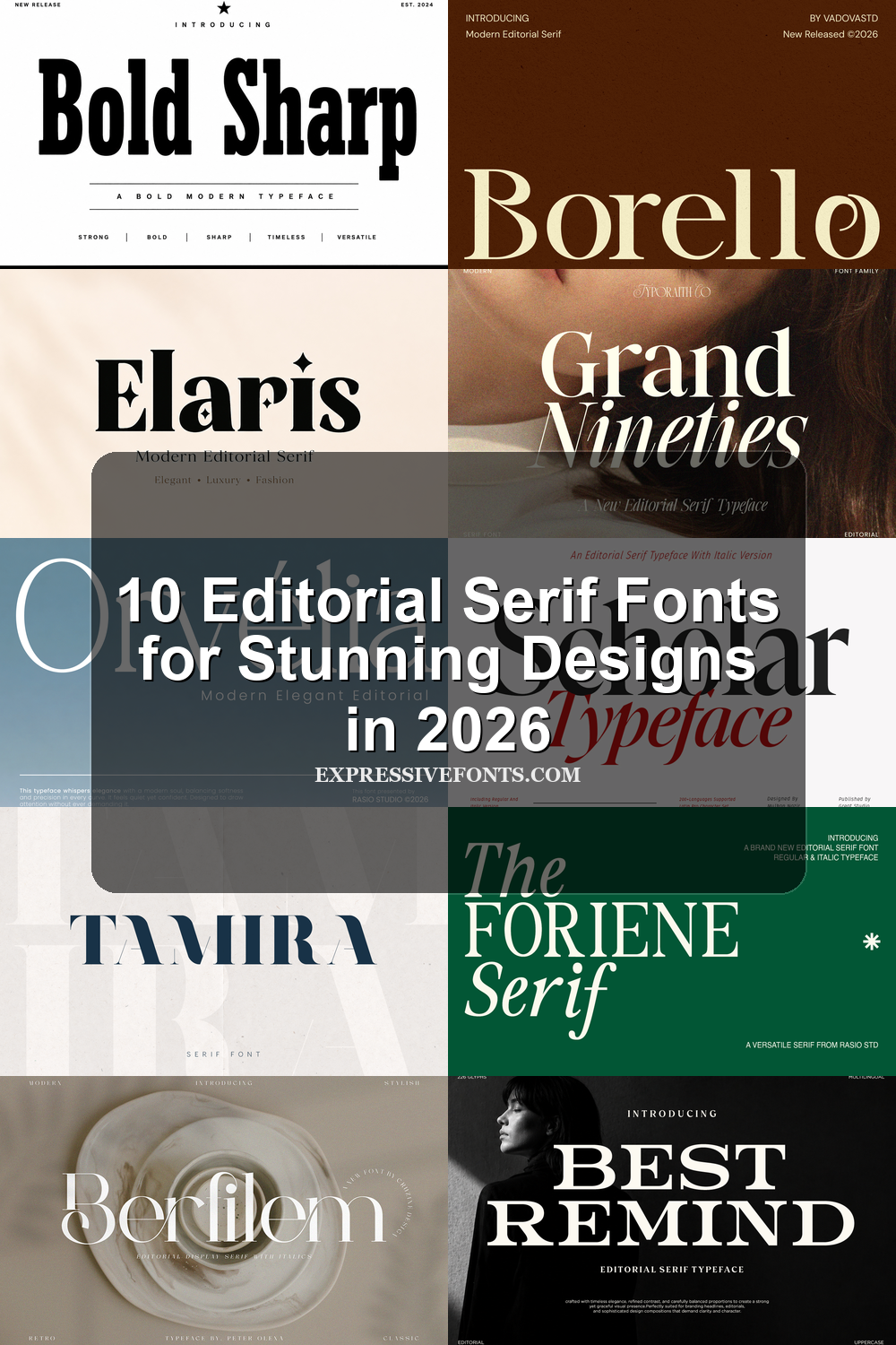 Cover image for 10 Editorial Serif Fonts for Stunning Designs in 2026 with previews of fonts from the article