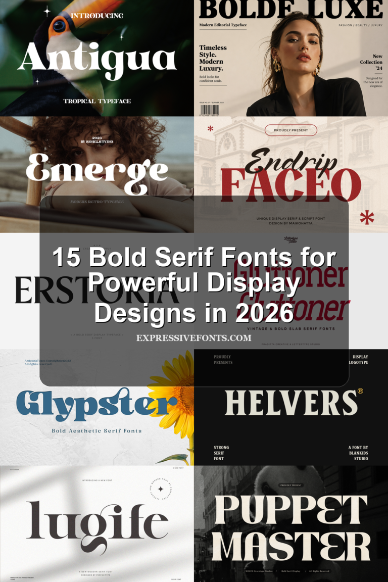 Cover image for Bold Serif Fonts 2026 15 Stunning Picks for Designers, showing font previews from the article.