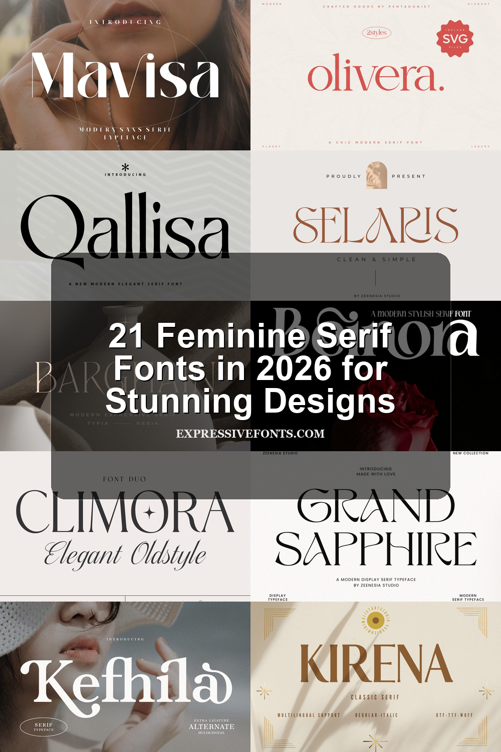 Cover preview with feminine serif font samples from 21 Feminine Serif Fonts in 2026 for Stunning Designs