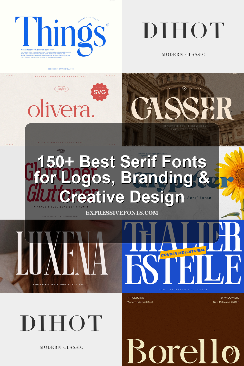 Serif Fonts hub preview with modern, elegant, luxury, vintage, editorial, bold, feminine, and logo serif font examples for branding