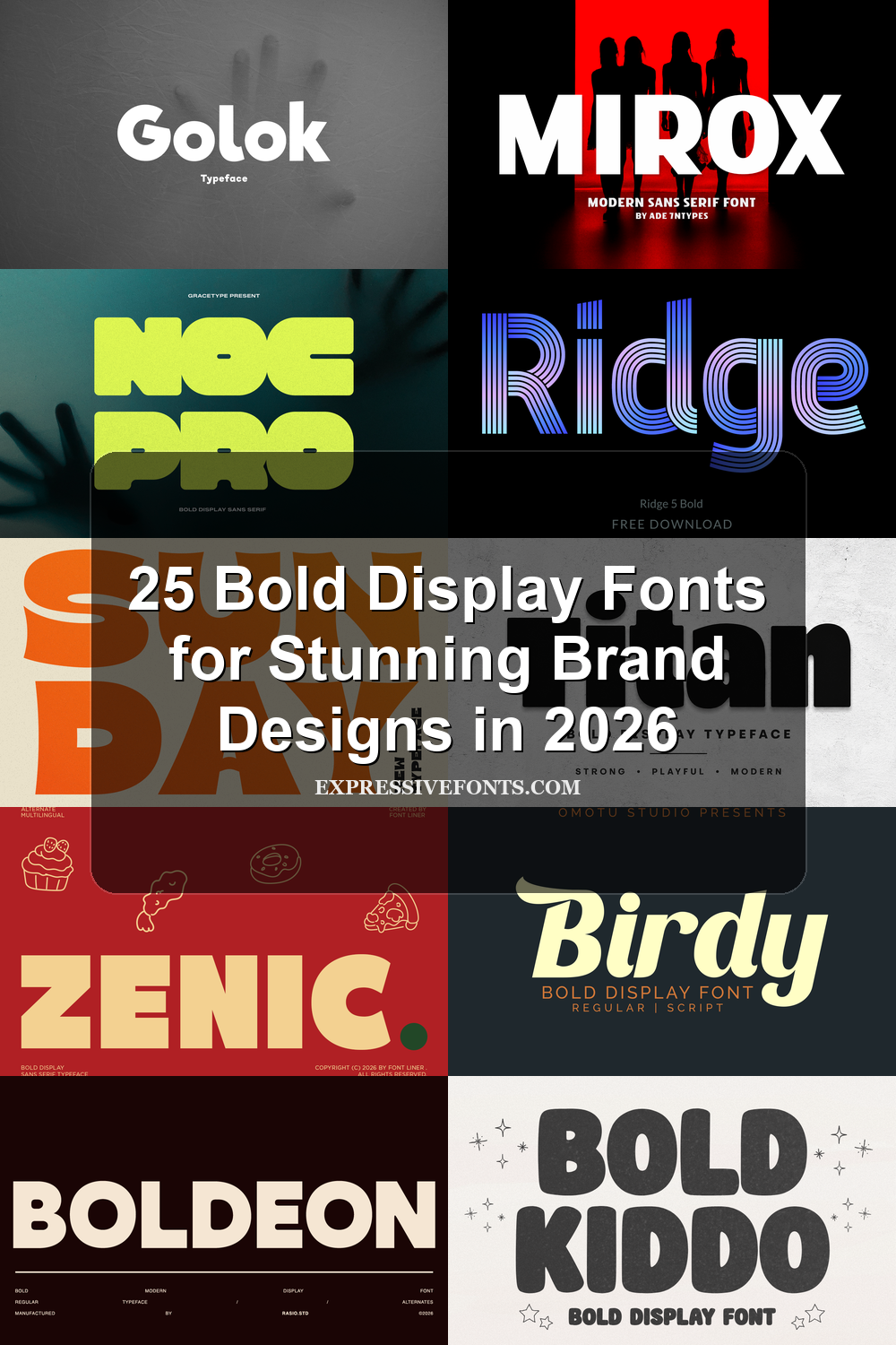 Cover image with font previews from 25 Bold Display Fonts for Stunning Brand Designs in 2026