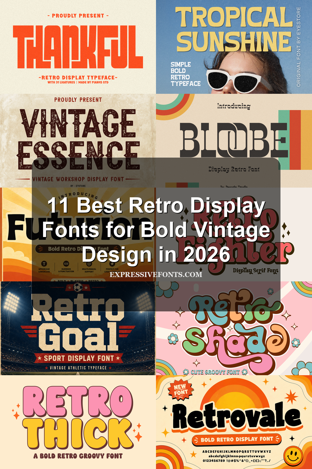 Retro Display Fonts 2026 article cover with bold vintage font previews for logos, posters, merch, and nostalgic design projects
