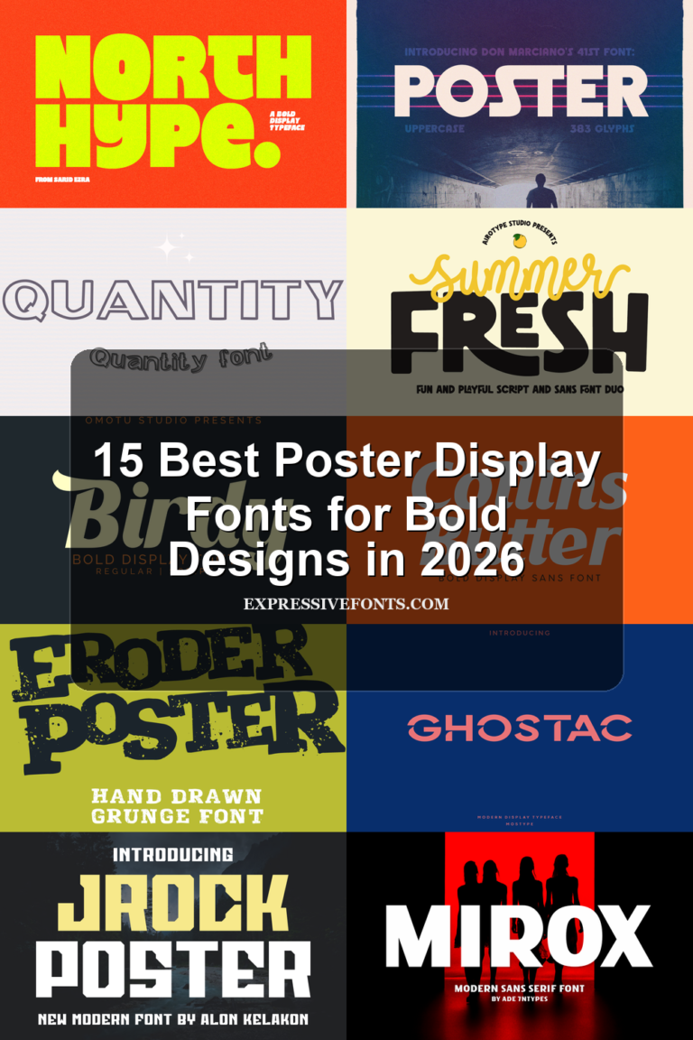 Cover image with preview samples of poster display fonts from 15 Best Poster Display Fonts for Bold Designs in 2026.