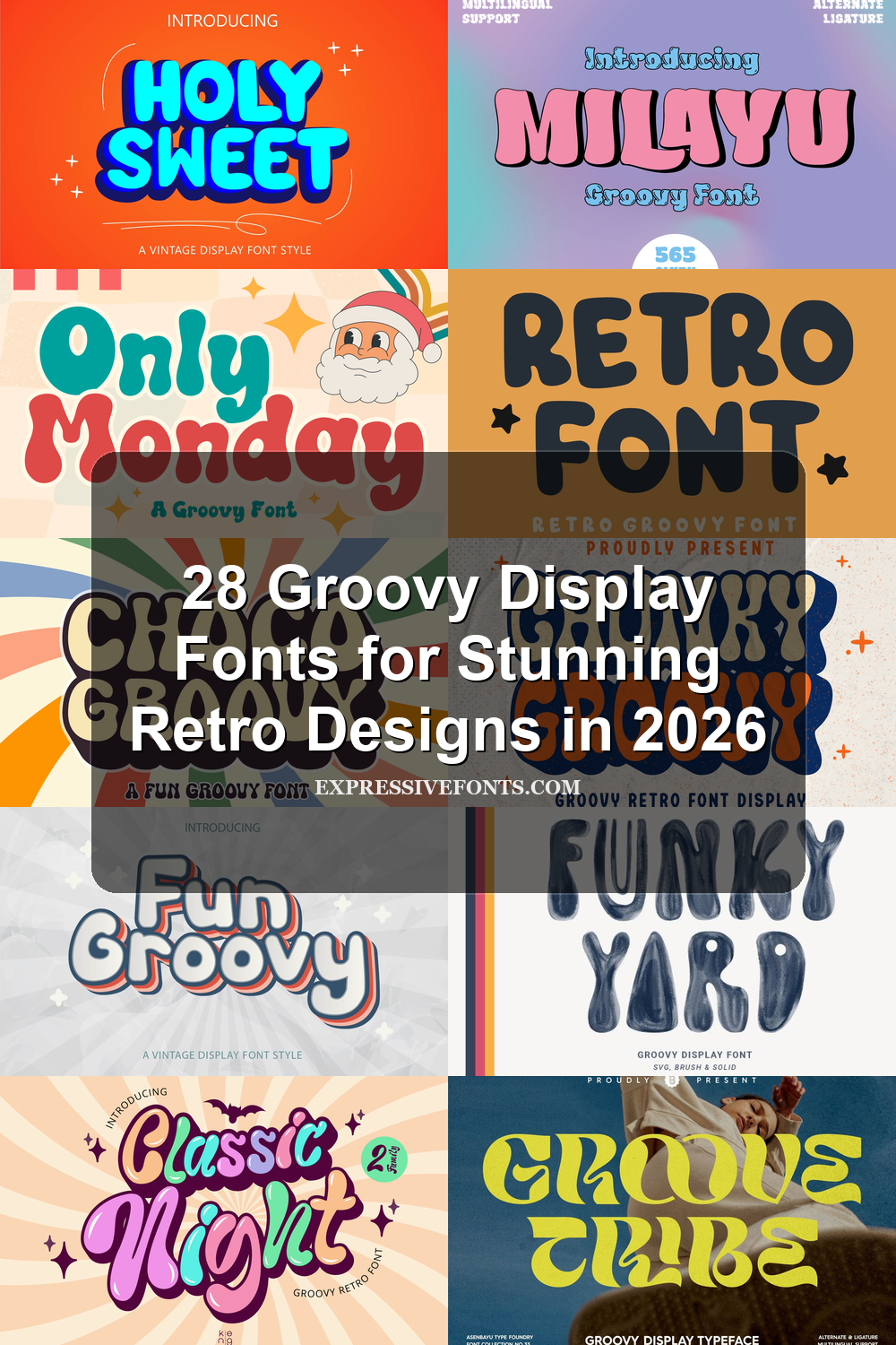 Cover image with font previews from 28 Groovy Display Fonts for Stunning Retro Designs in 2026