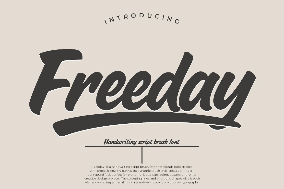 Freeday Font preview with bold black brush-script lettering, smooth connected curves, and a sweeping underline