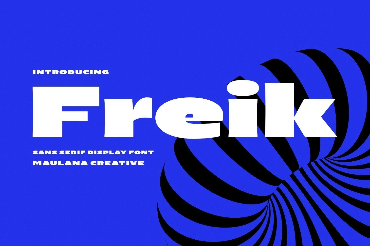 Freik Font preview with wide bold white sans serif lettering and sharp blocky shapes