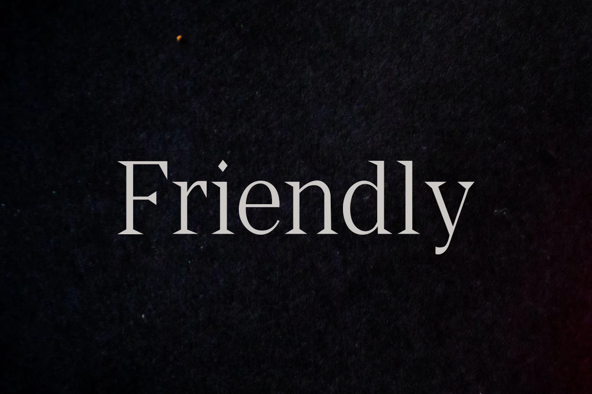 Friendly Font preview with elegant light gray serif lettering on a dark textured background