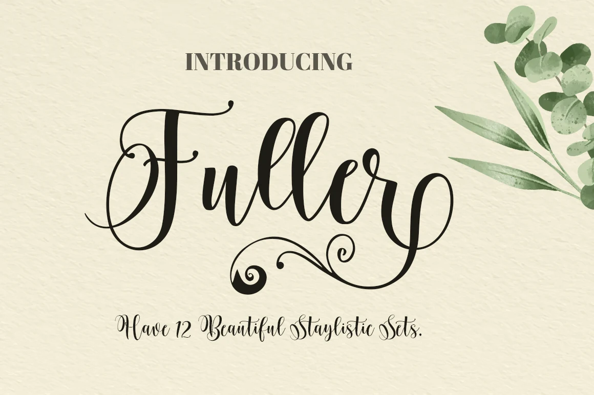 Fuller Font preview with black elegant script lettering, looped swashes, and ornamental curls