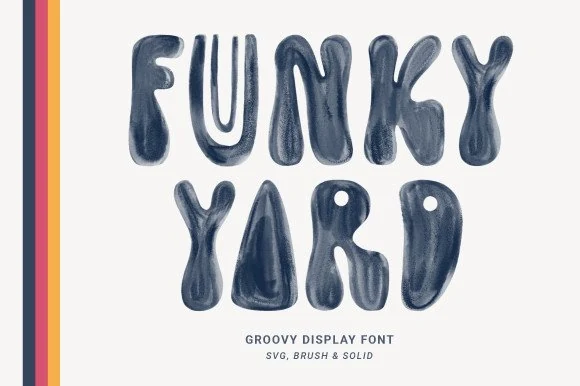 Funky Yard Font preview with dark blue rounded groovy lettering and a soft brush texture