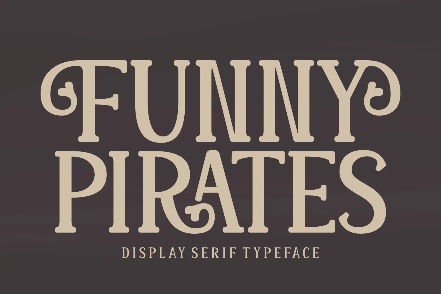 Funny Pirates Font preview with bold decorative serif letters and curled vintage-style terminals