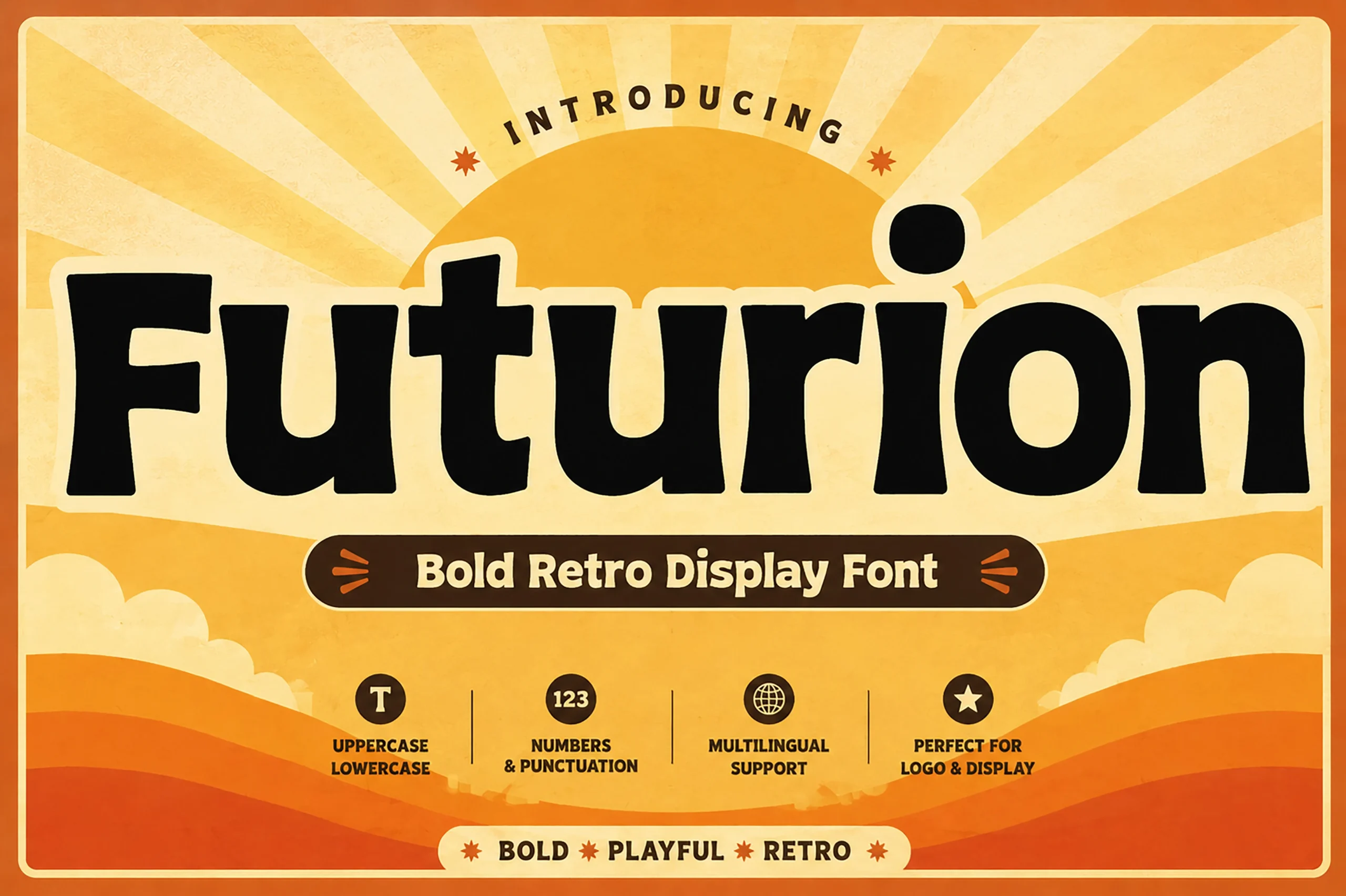 Futurion Font preview with bold black rounded retro display lettering