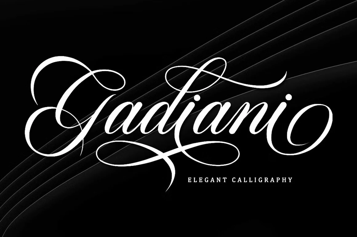 Gadiani Font preview with elegant white calligraphy script and long sweeping flourishes