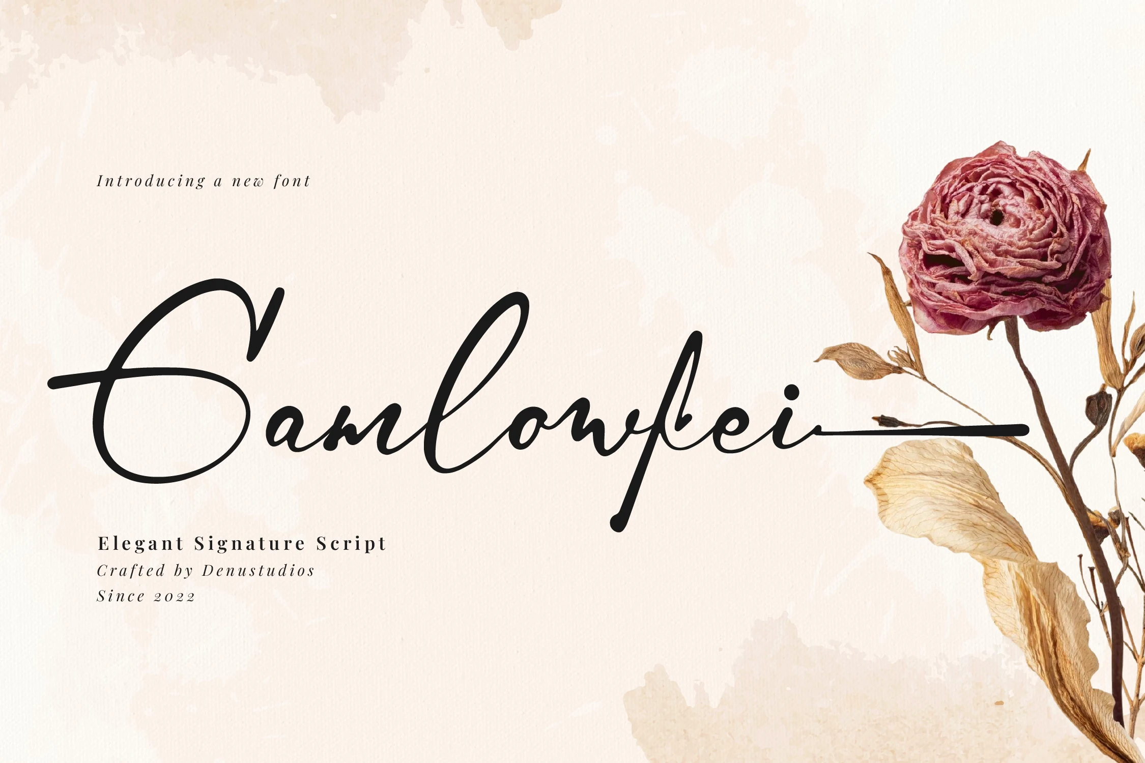 Gamlowfei Font preview with black elegant signature script, looped capital, and long horizontal ending stroke