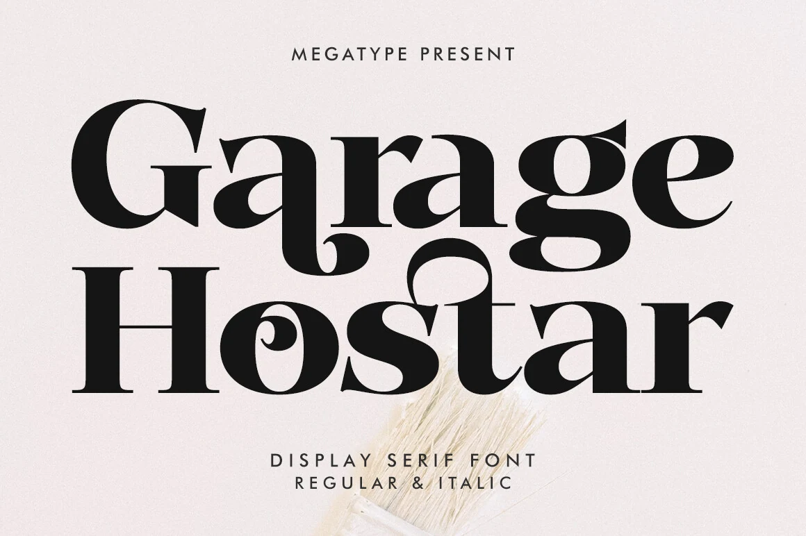 Garage Hostar Font preview with high-contrast black serif lettering and dramatic teardrop terminals