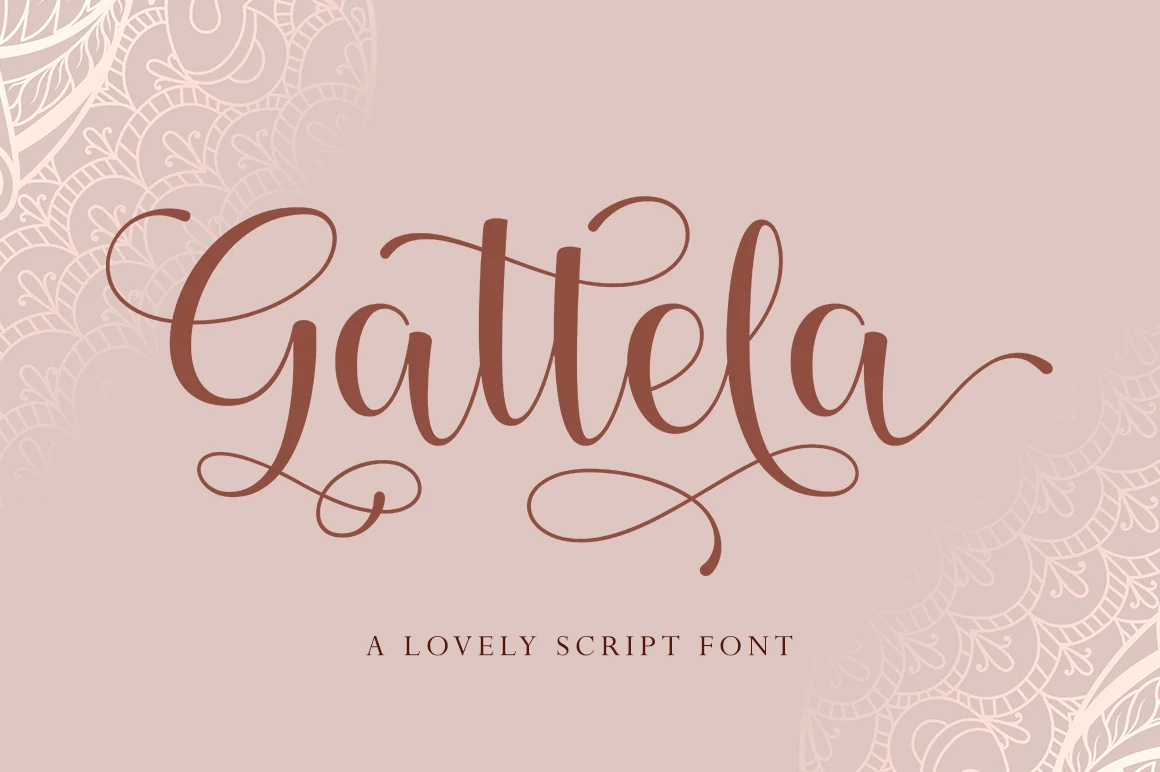 Gattela Font preview with warm brown script lettering, looping swashes, and smooth elegant strokes