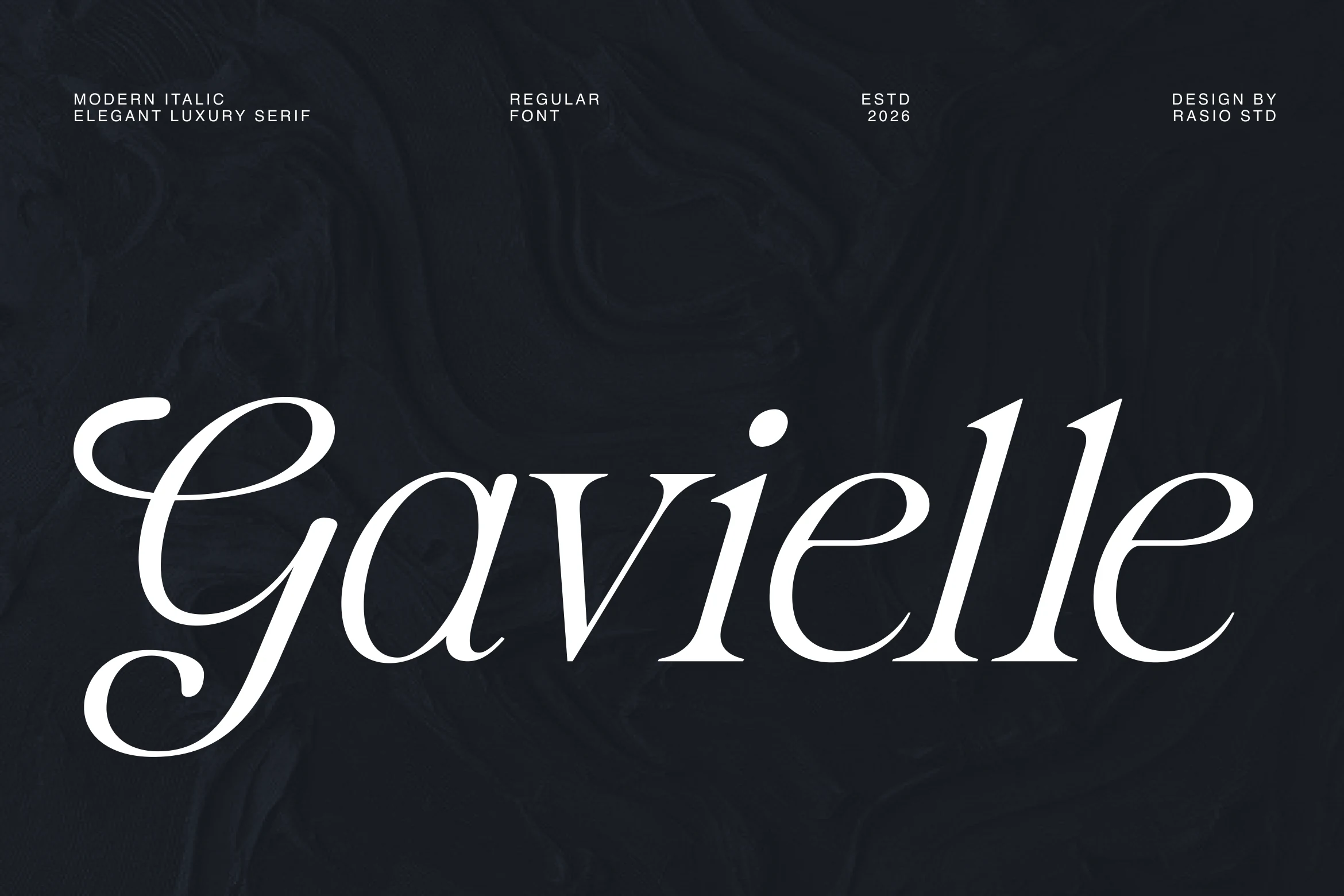 Gavielle Font preview with white italic high-contrast serif lettering and flowing curves
