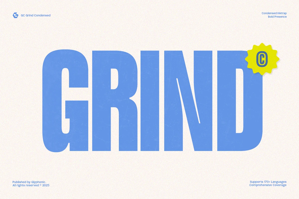 Gc Grind Font preview with bold blue condensed sans serif lettering and blocky shapes
