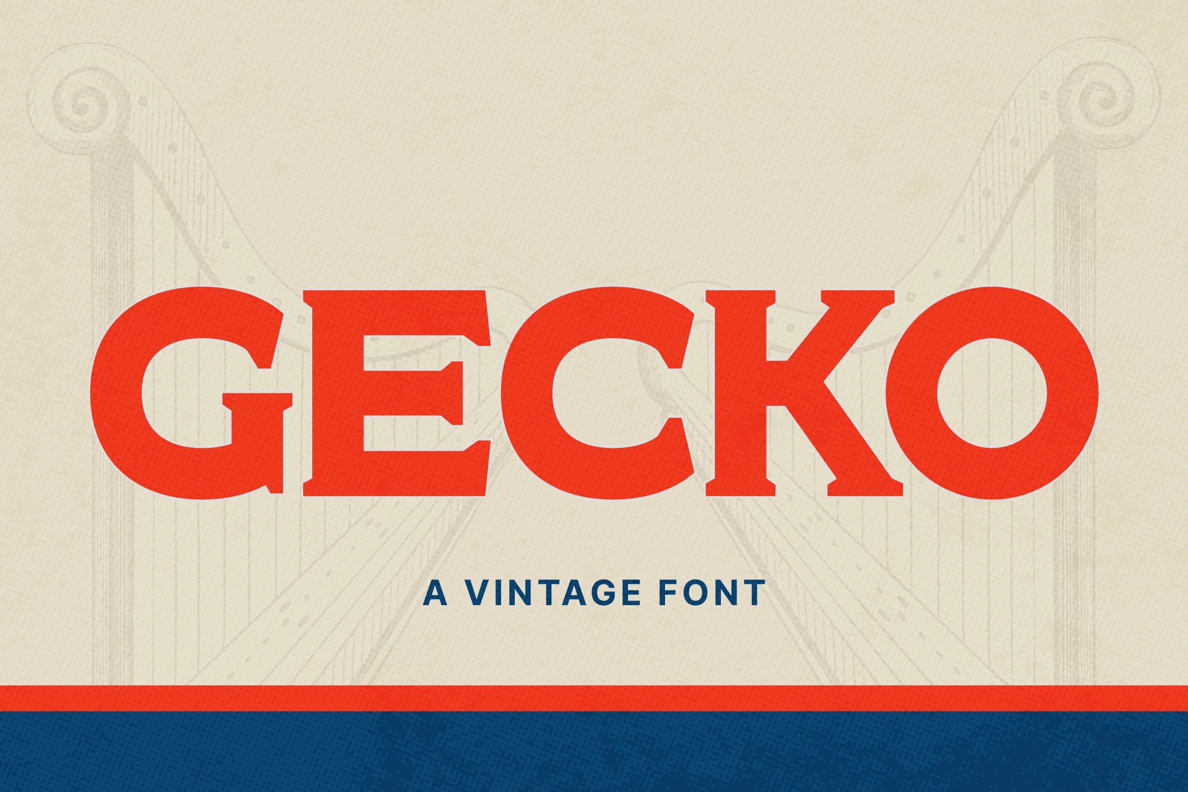 Gecko Font preview with bold retro serif lettering in bright red-orange