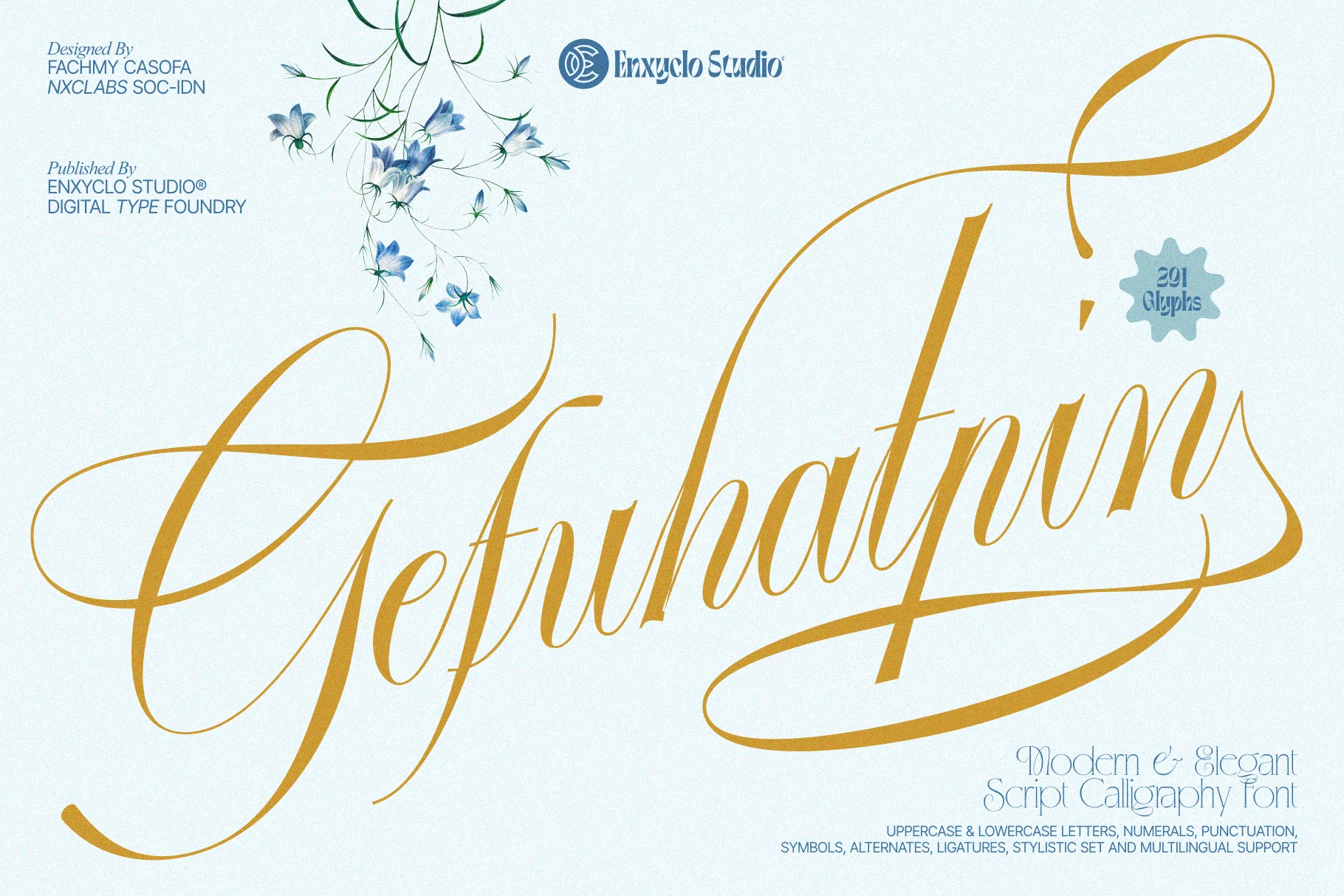 Gefuhatpin Font preview in gold calligraphy with high contrast strokes and dramatic looping swashes