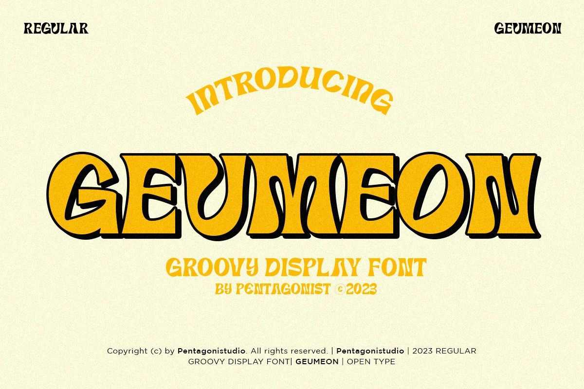 Geumeon Groovy Display Font preview in bold yellow retro serif lettering with black outline