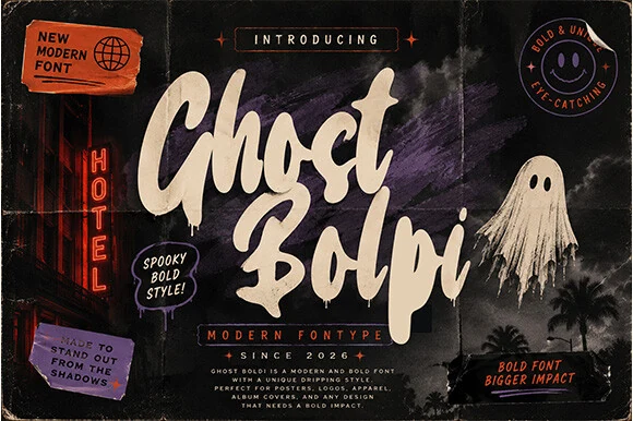 Ghost Bolpi Font preview with chunky cream brush-script lettering, dripping strokes, and spooky display style