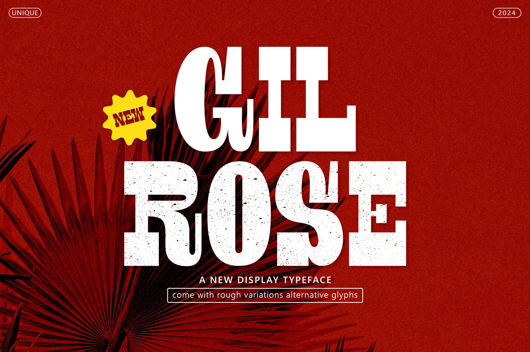 Gil Rose Font preview with bold white display letters, rough texture, and heavy condensed shapes