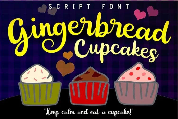 Gingerbread Cupcakes Font preview with bright yellow playful script, rounded strokes, and swirly letterforms