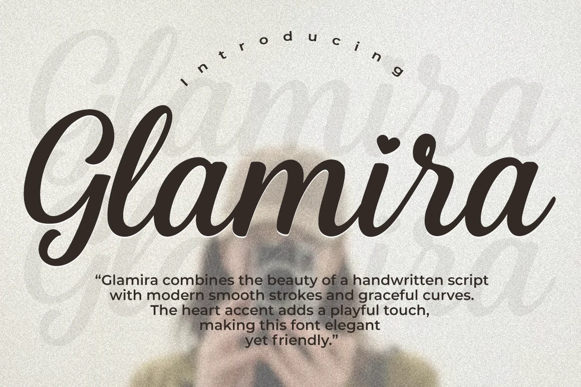 Glamira Script Font preview with bold connected modern script lettering and heart accent