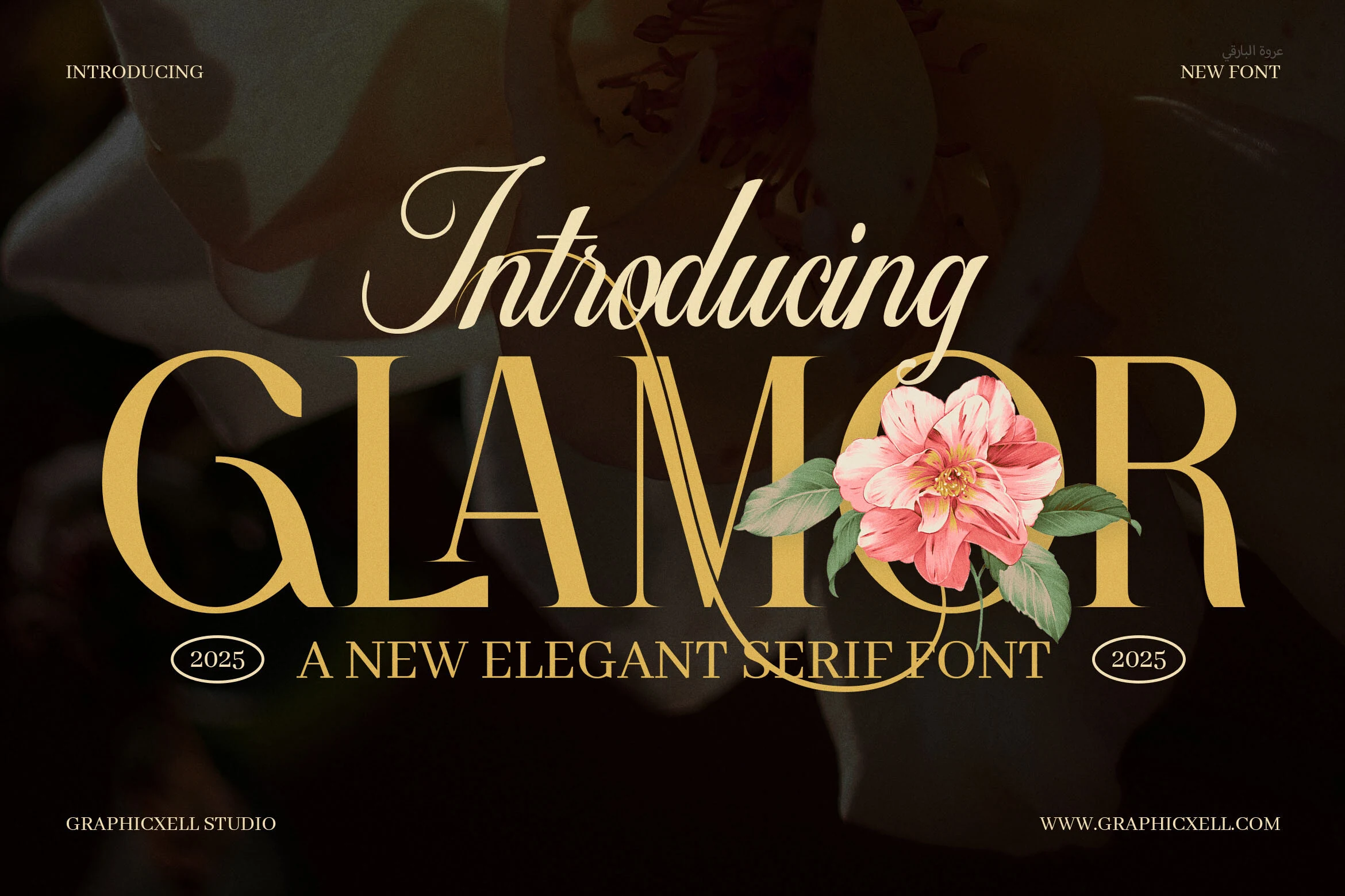 Glamor Font preview with high-contrast gold serif capitals and sharp serifs