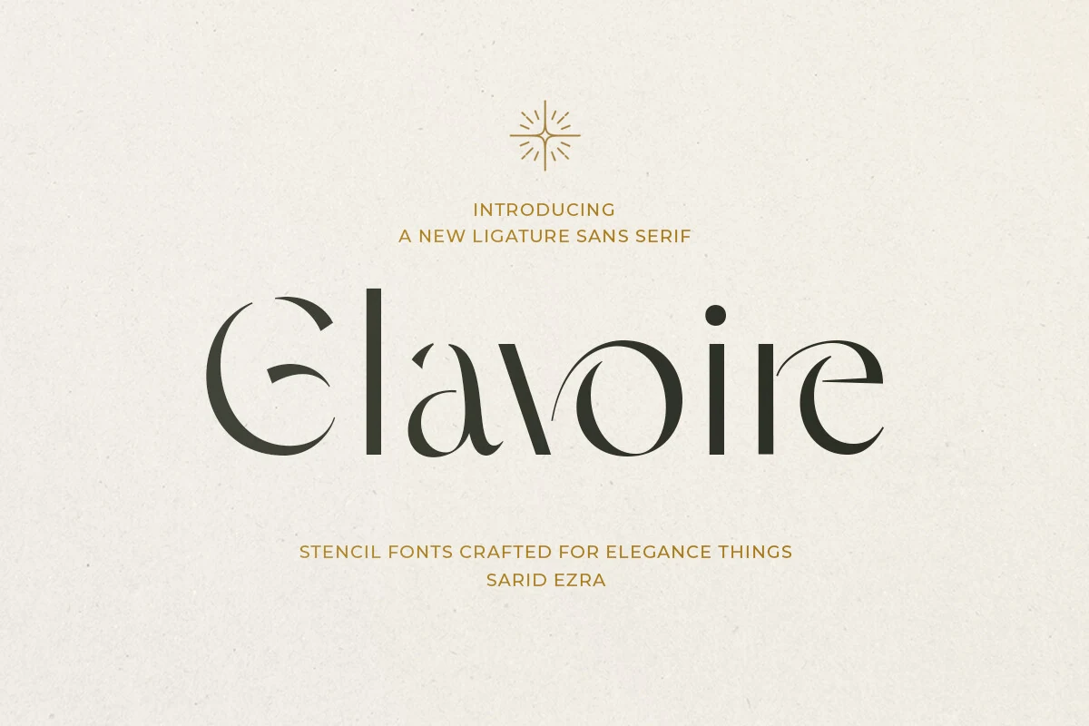 Glavoire Font preview with dark stencil-style ligature sans serif lettering and elegant high-contrast curves