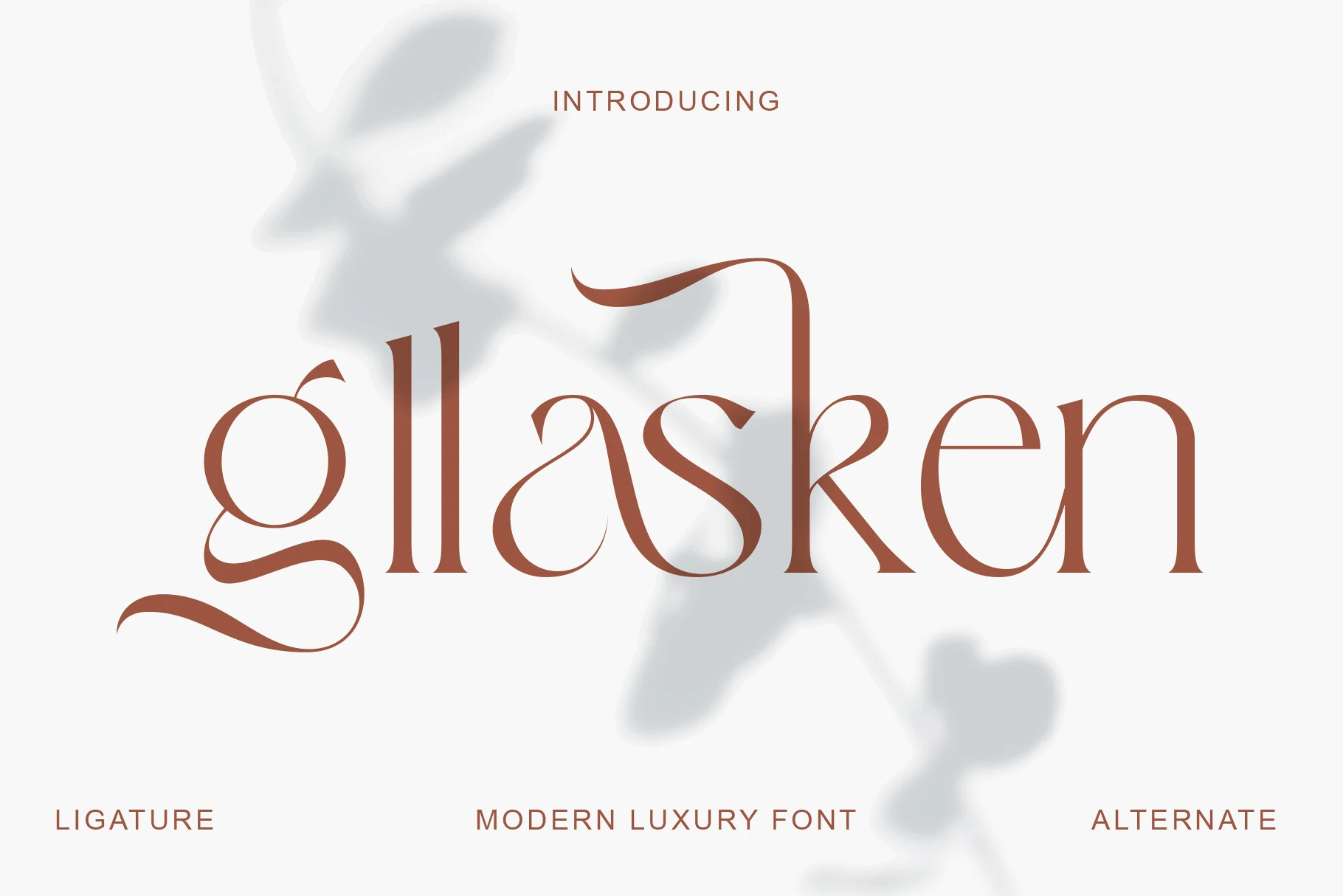 Gllasken Font preview with warm terracotta serif lettering and sweeping swashes