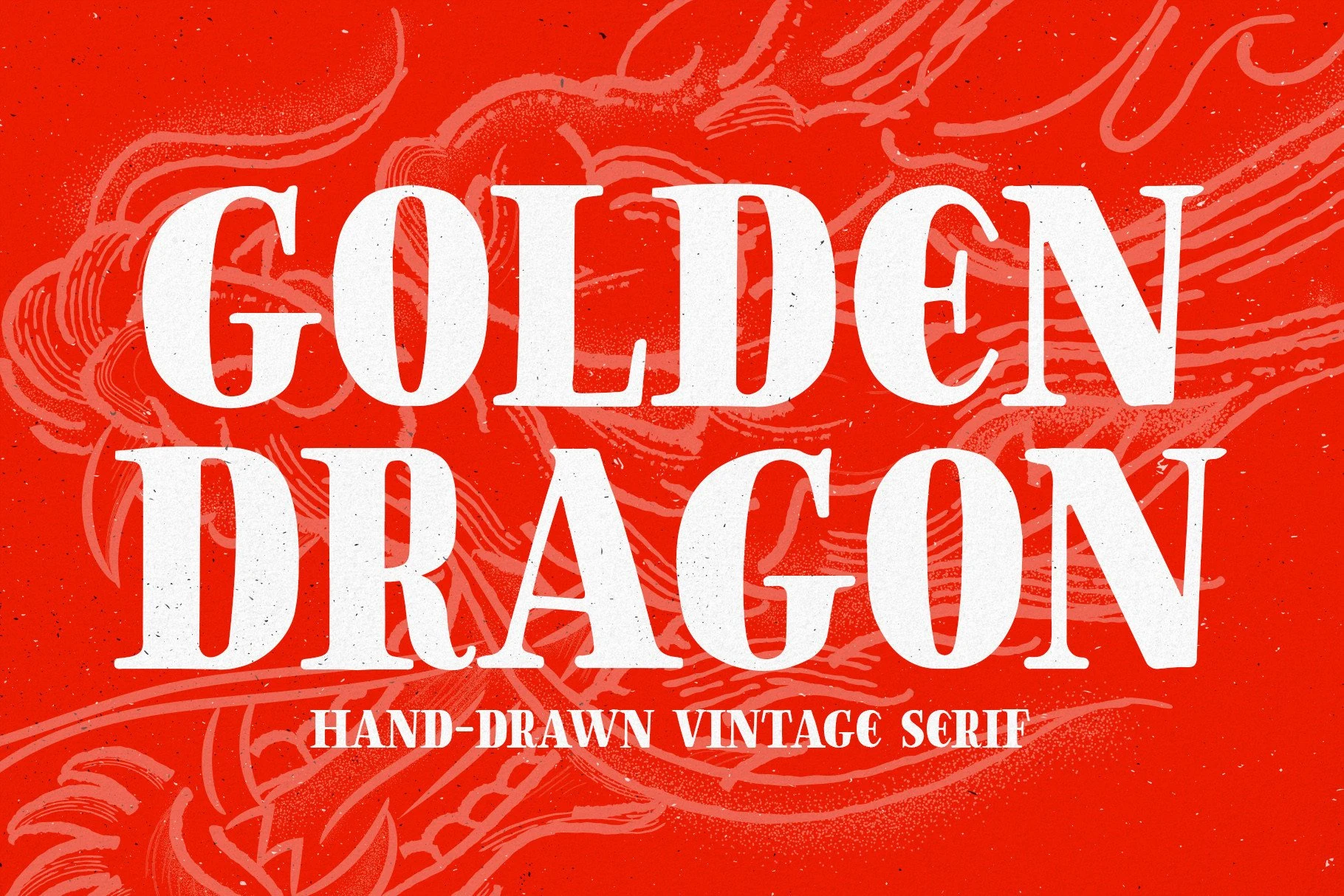 Golden Dragon Font preview with bold white hand-drawn vintage serif lettering