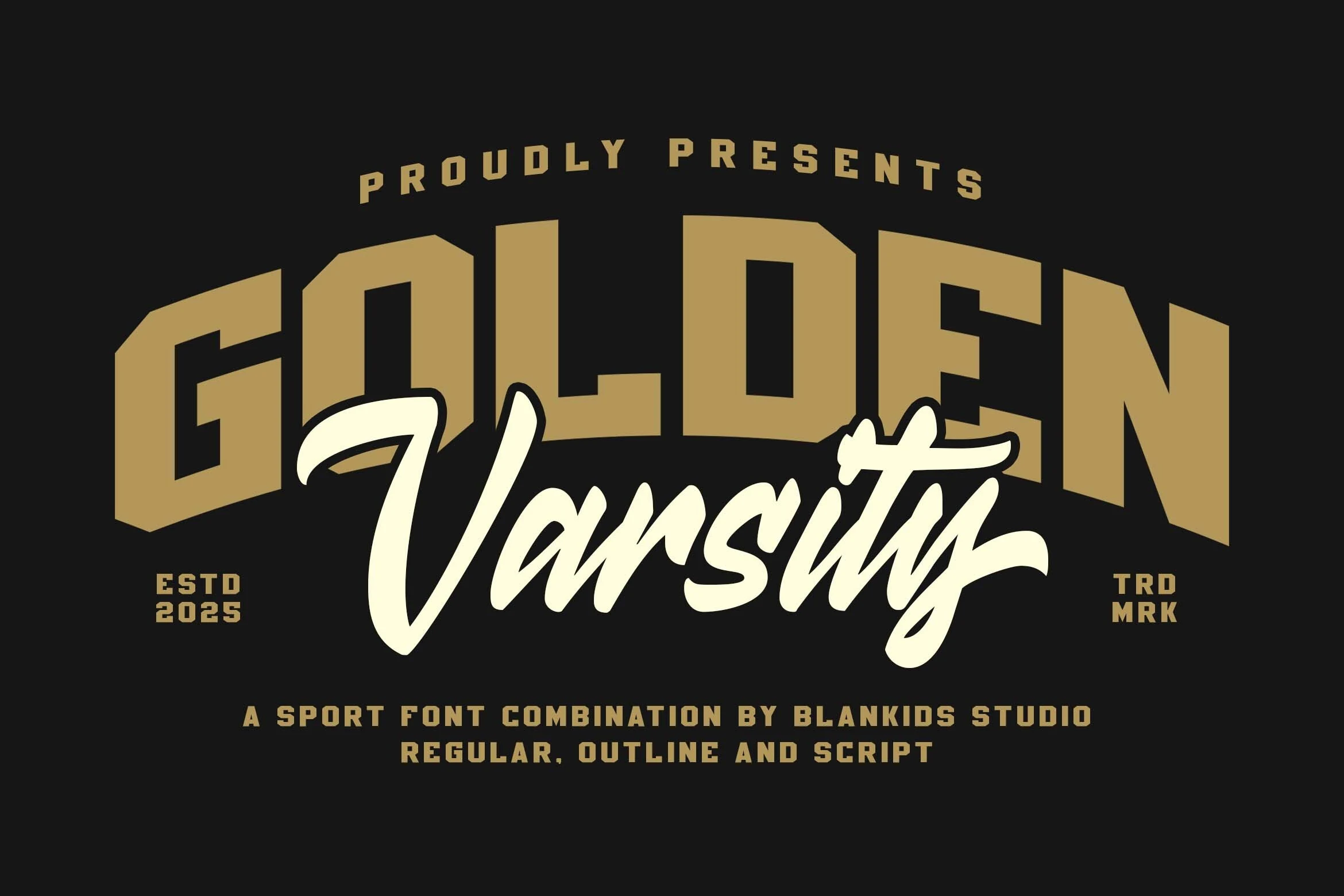 Golden Varsity Font preview with arched varsity block lettering, bold script overlay, and gold-on-black contrast