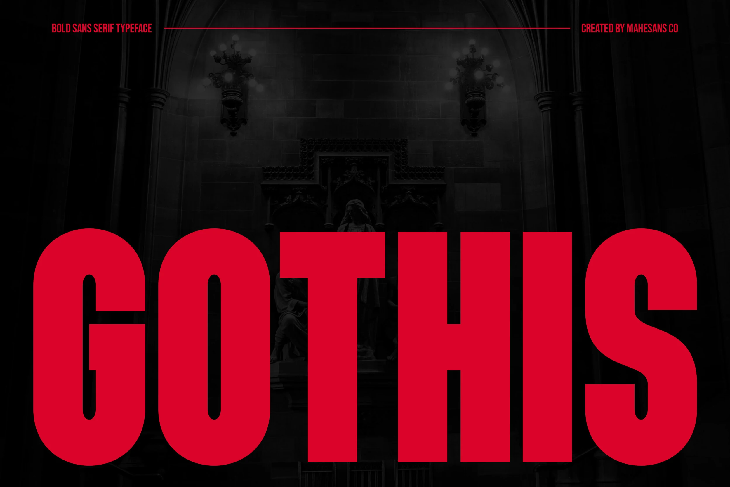 Gothis Font preview in bright red bold condensed sans serif capitals