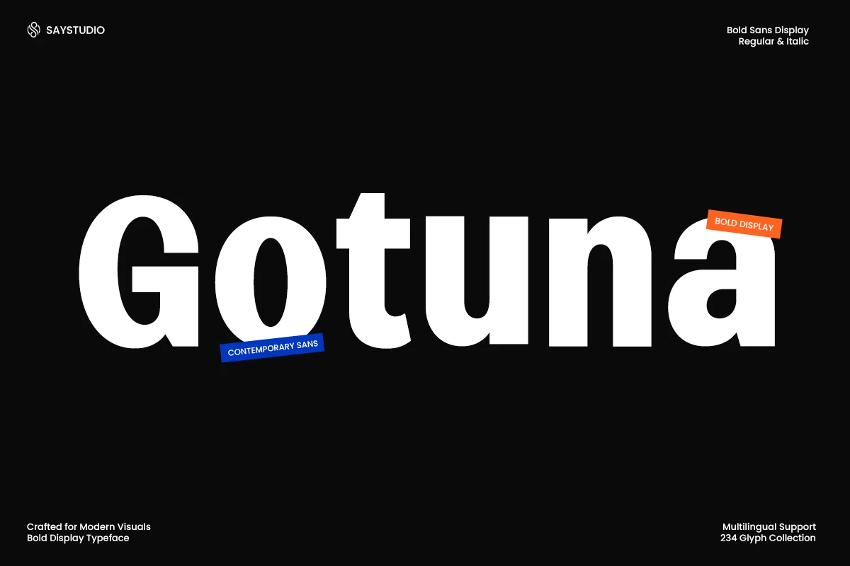 Gotuna Font preview in bold geometric sans serif lettering with white text on a black background