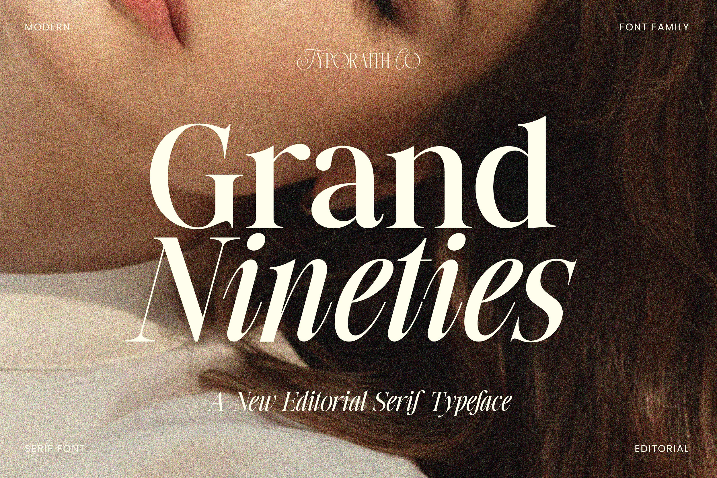 Grand Nineties Font preview with high-contrast serif letters and elegant italic display styling