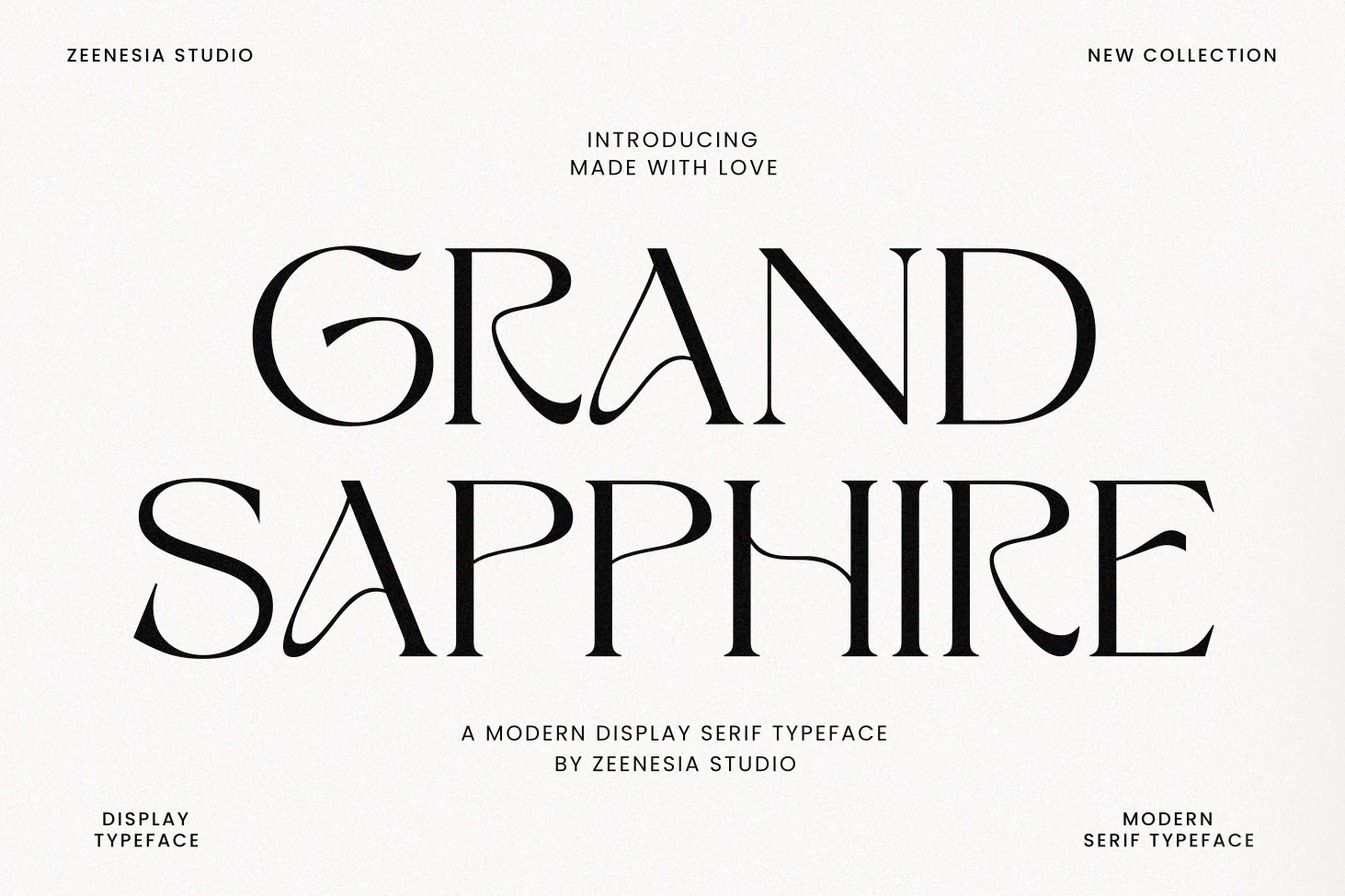 Grand Sapphire Font preview with elegant high-contrast serif lettering and decorative alternate swashes